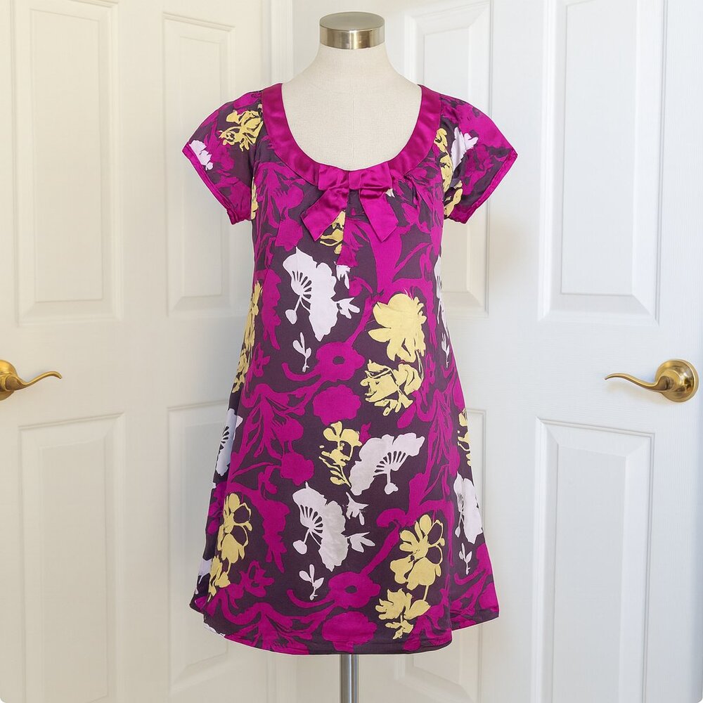 BCBGMaxAzria Pink Yellow Satin Shift Dress Puff Sleeve Floral EXTRA SMALL